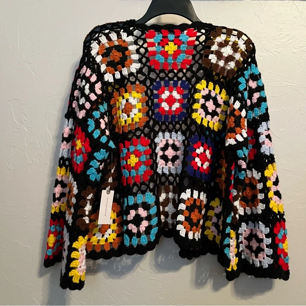 NWT BY ANTHROPOLOGIE Colorblocked Granny Square Crochet Cardigan Black One Size - Picture 7 of 12